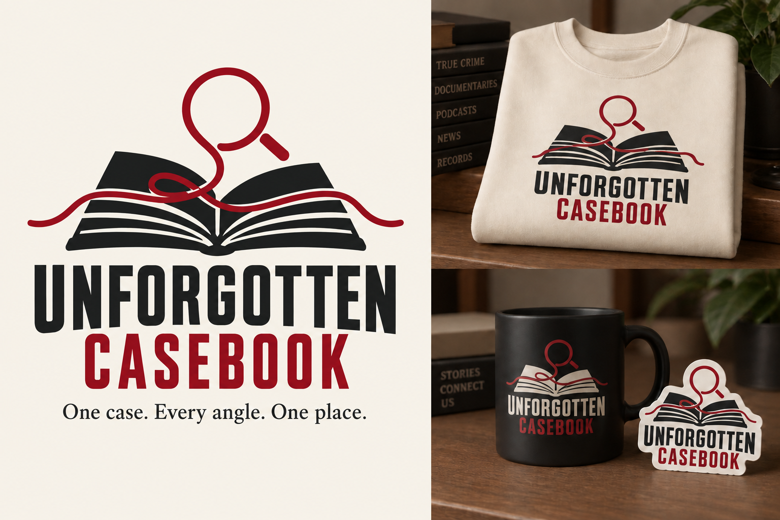 Unforgotten Casebook brand artwork illustrated on a cream sweatshirt and black mug