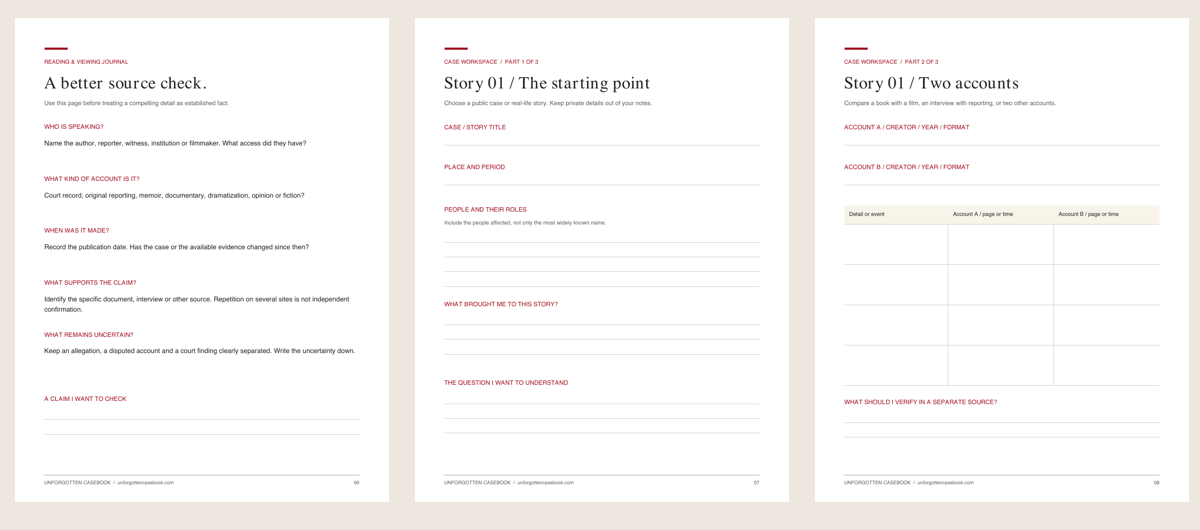Sample journal pages showing a source checklist, case workspace and side-by-side account comparison